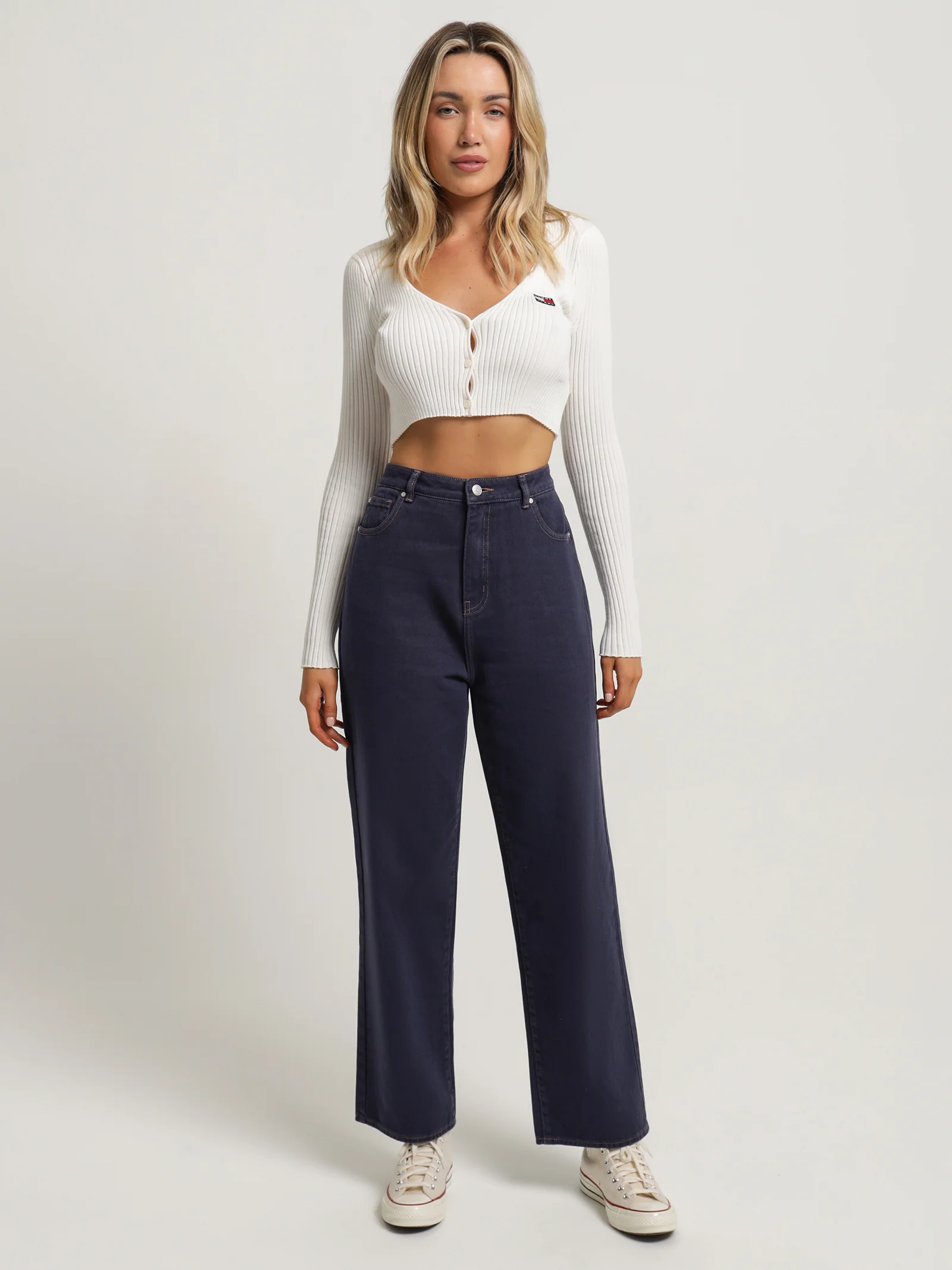 Badge Rib Knit Cropped Fit Cardigan - Image 2