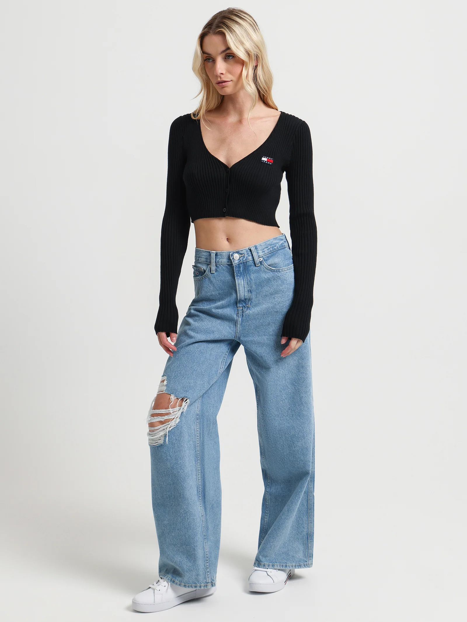 Badge Rib Knit Cropped Fit Cardigan - Image 3