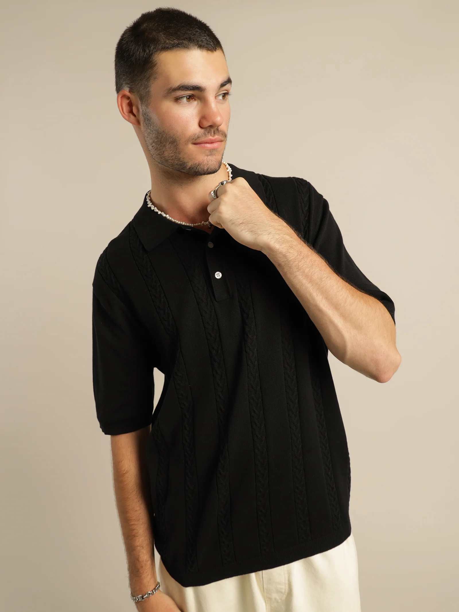 Cable Knit Short Sleeve Polo - Image 3