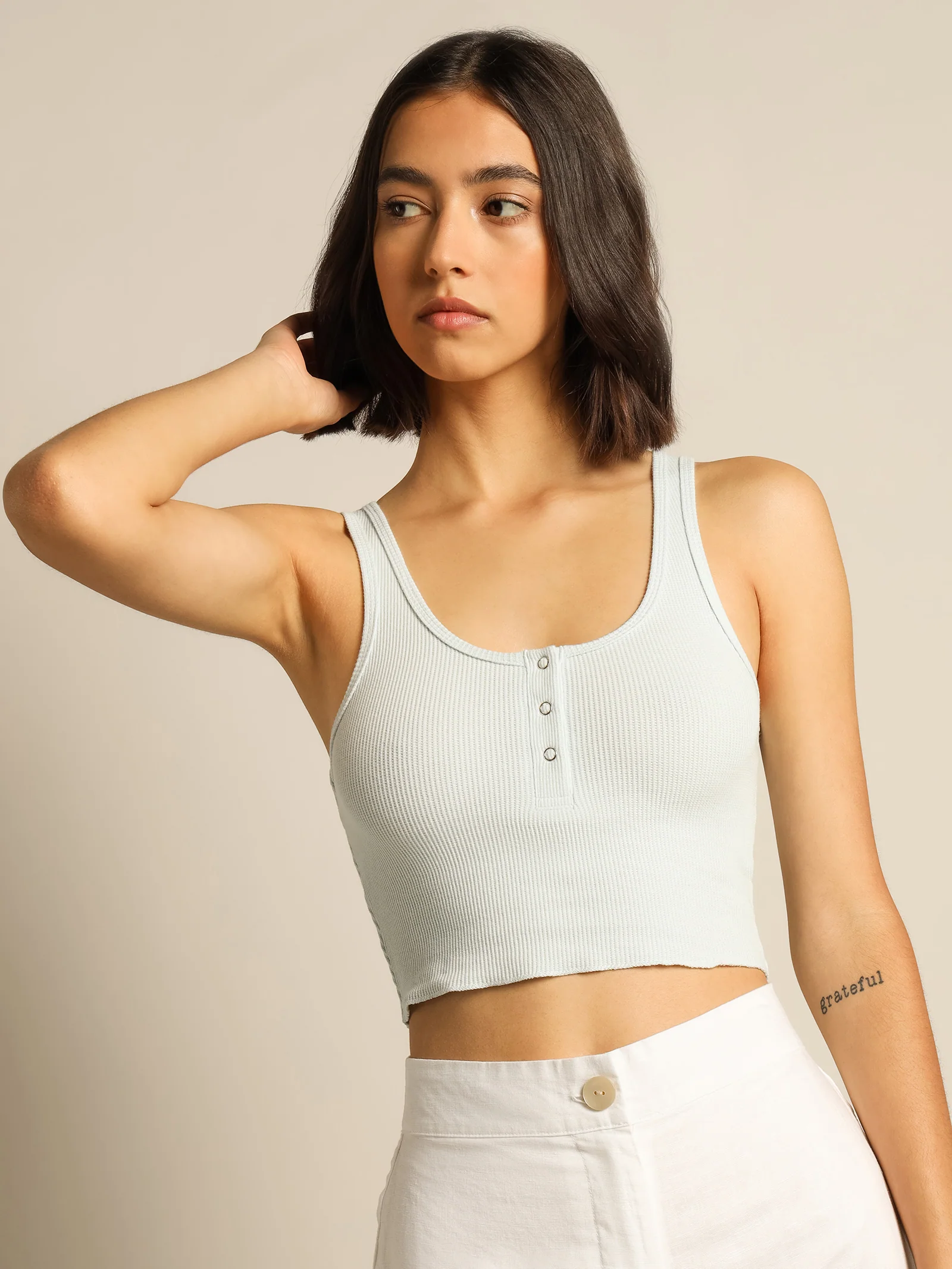 Jade Button Front Waffle Tank - Image 3