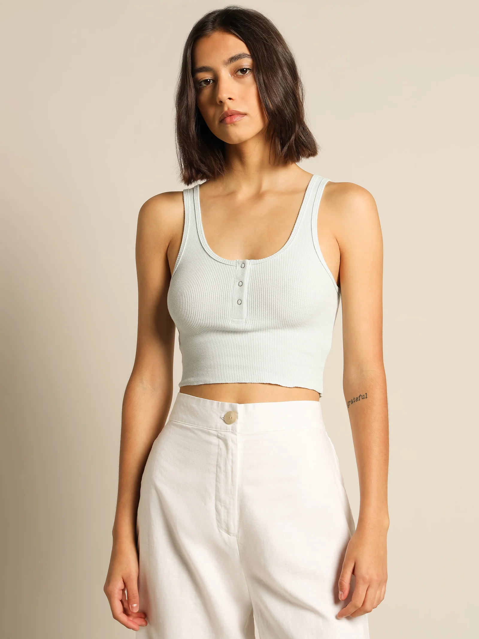 Jade Button Front Waffle Tank - Image 4