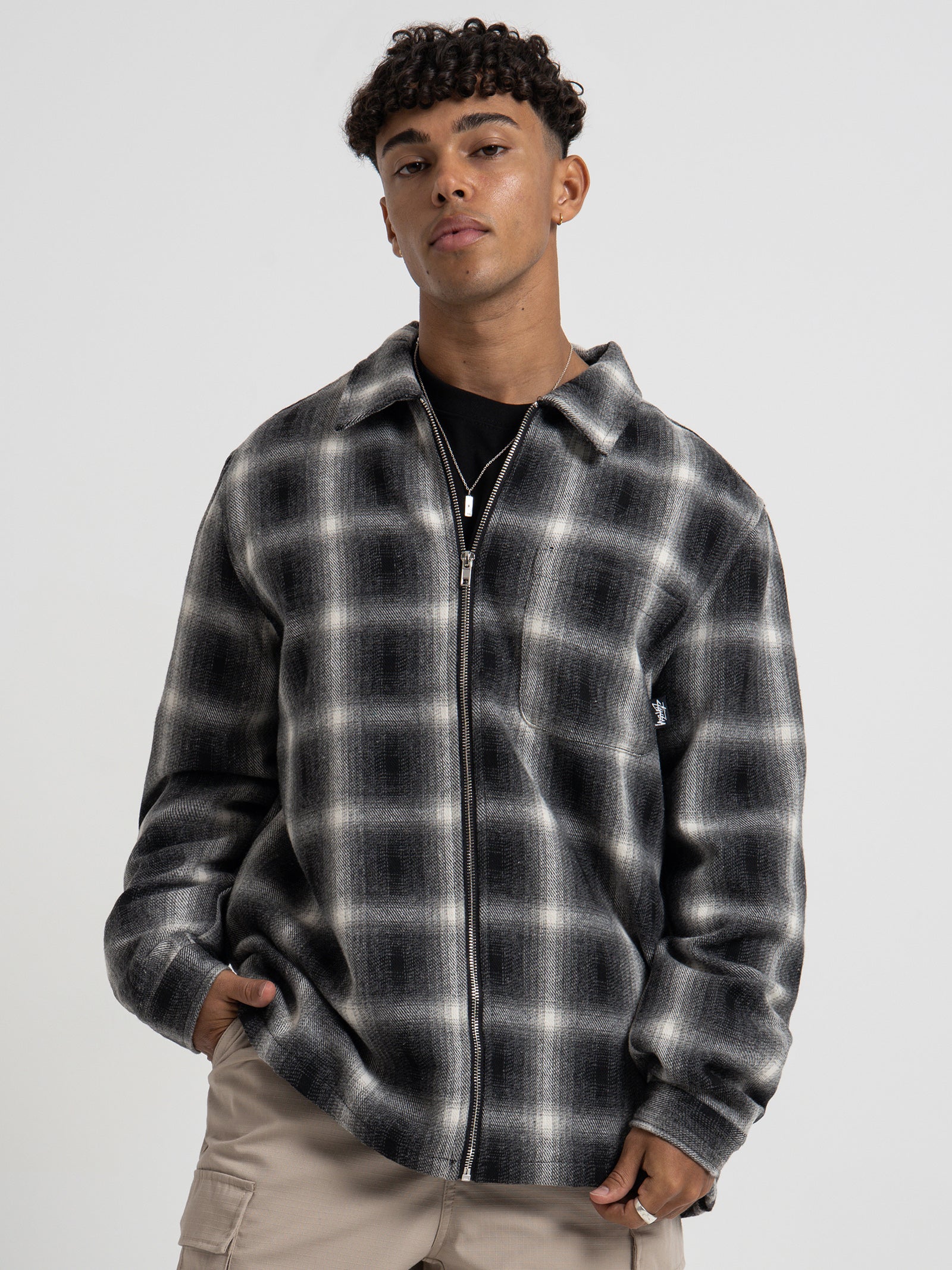 Shadow Plaid Zip Up Long Sleeve Shirt - Image 3