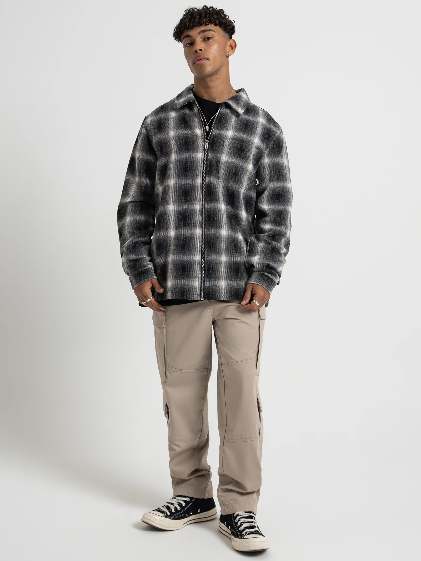 Shadow Plaid Zip Up Long Sleeve Shirt - Image 4