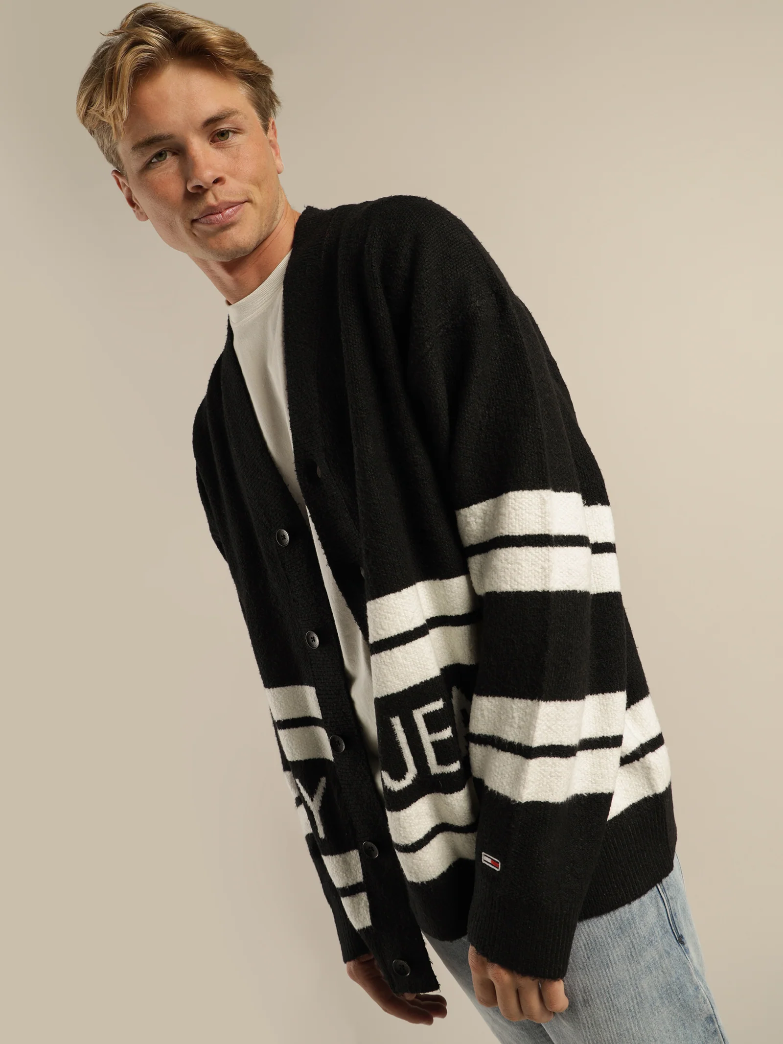 Stripe Intarsia Logo V-Neck Cardigan - Image 2