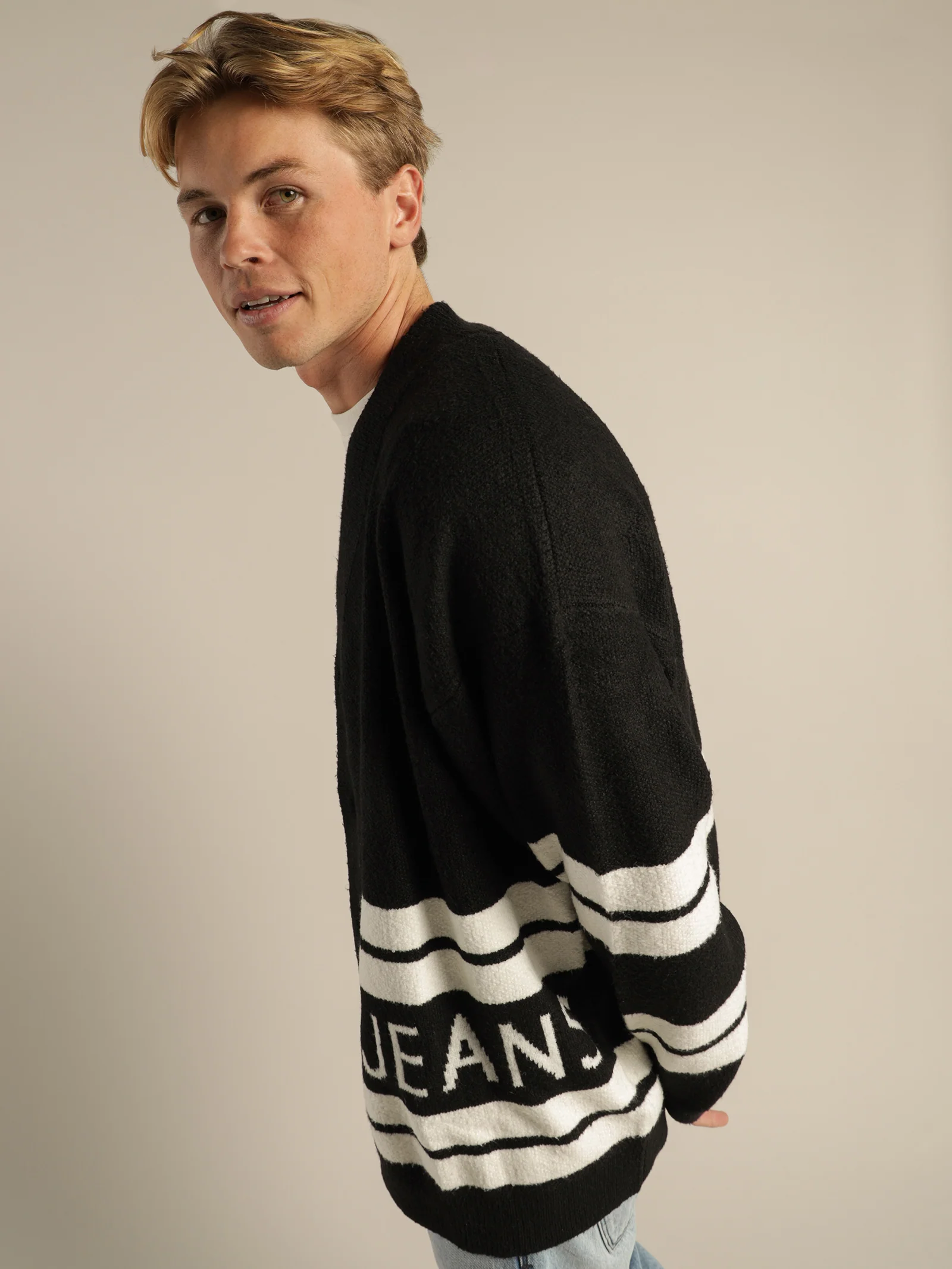 Stripe Intarsia Logo V-Neck Cardigan - Image 3