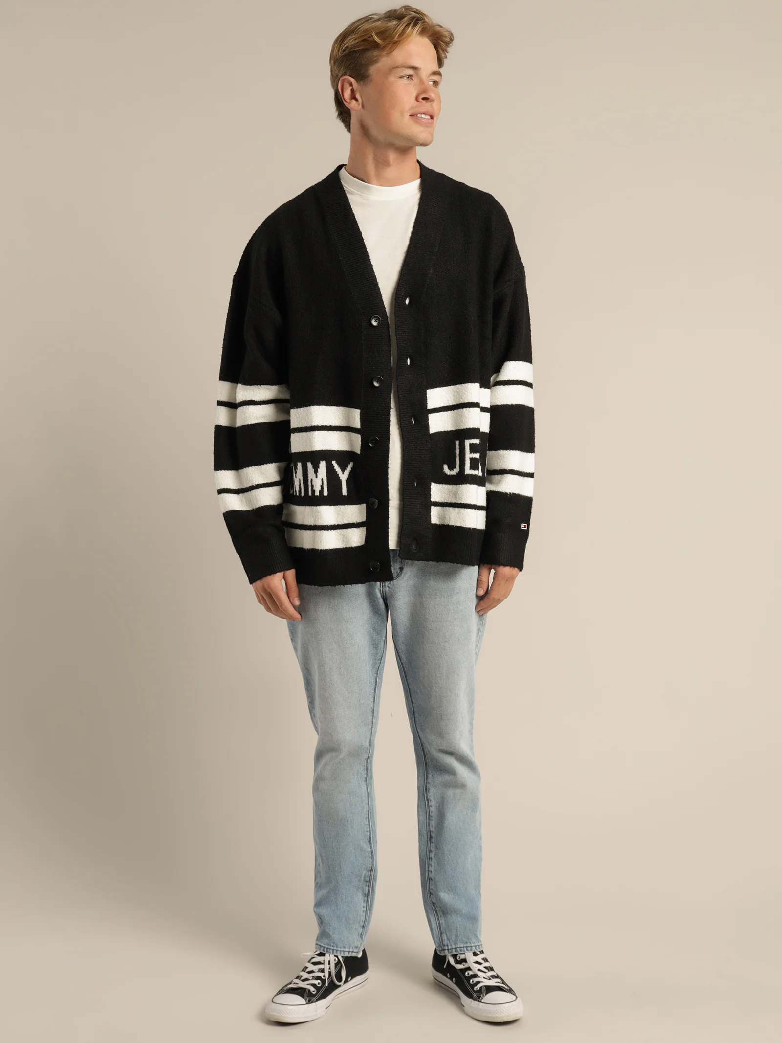 Stripe Intarsia Logo V-Neck Cardigan - Image 4