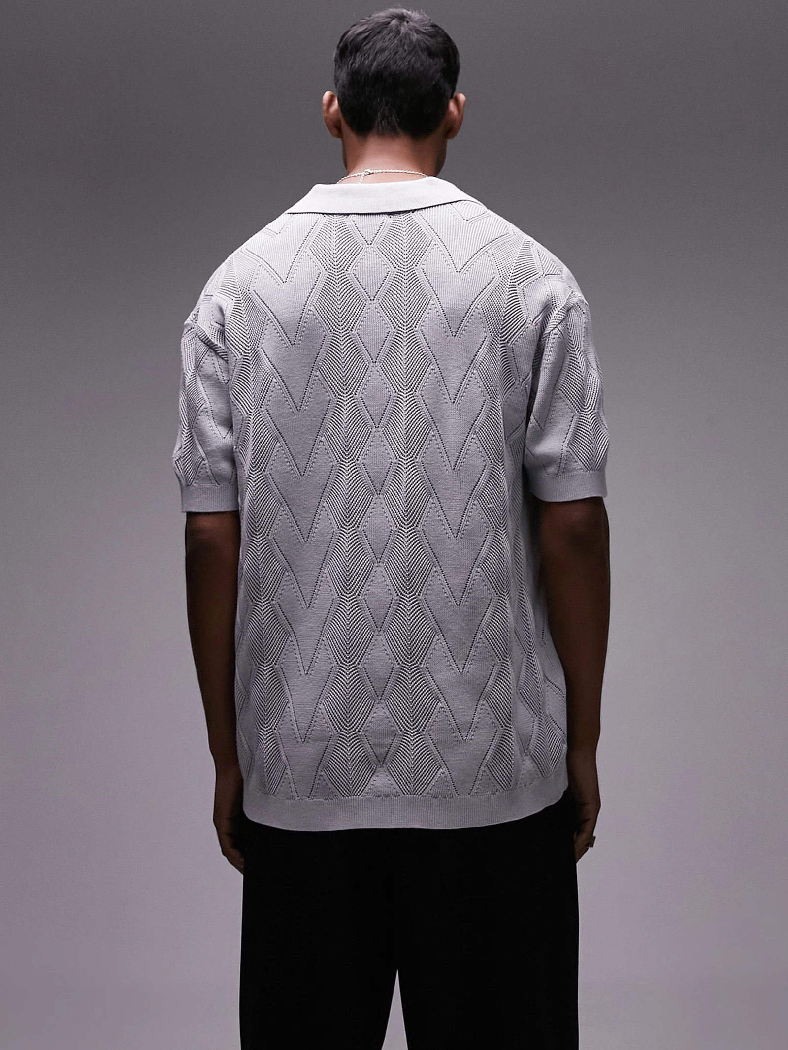 Knitted Diamond Pattern Pointelle Polo - Image 2