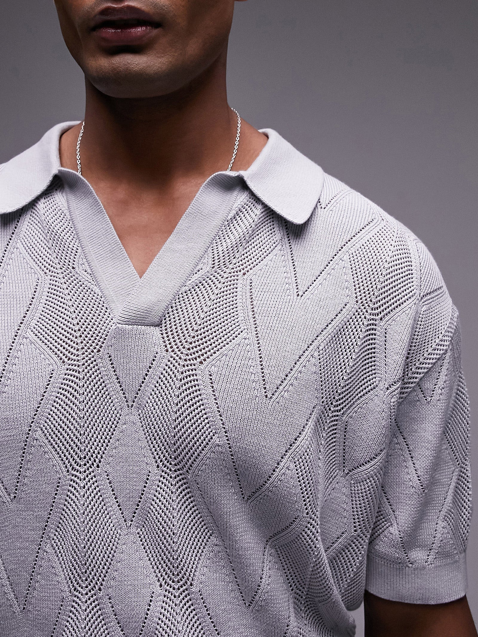 Knitted Diamond Pattern Pointelle Polo - Image 3