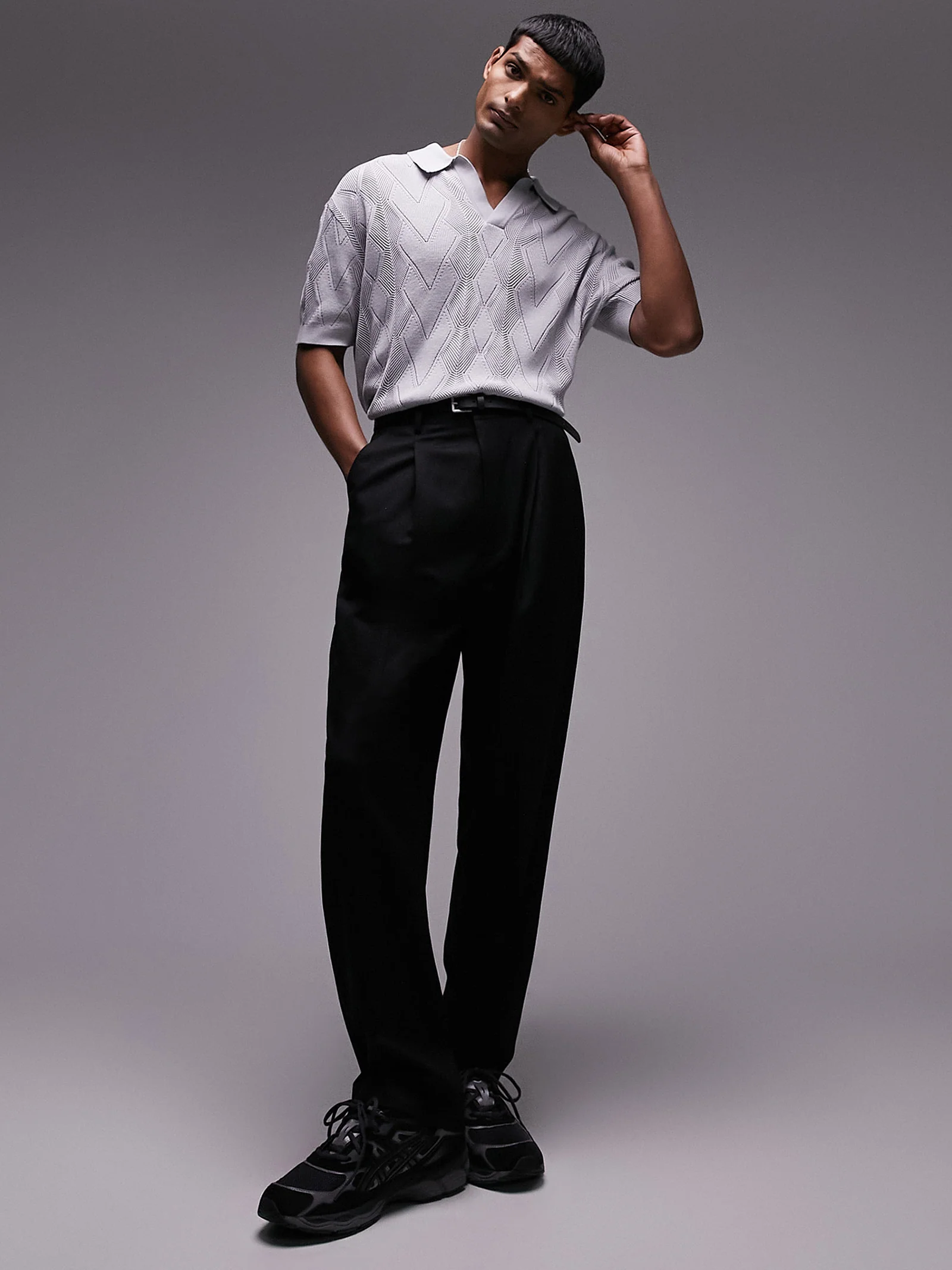 Knitted Diamond Pattern Pointelle Polo - Image 4