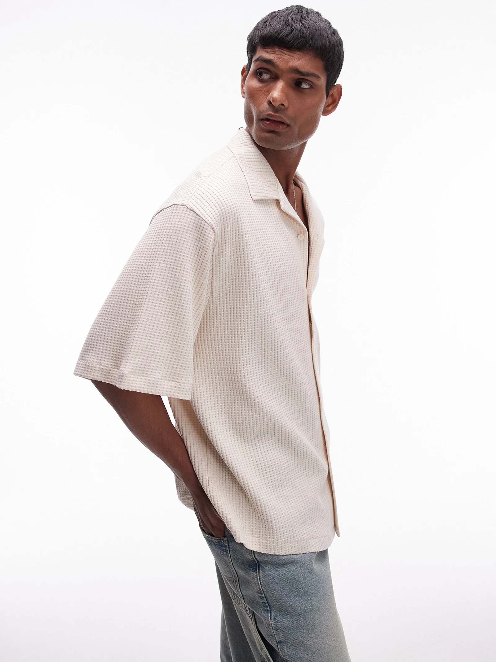 Oversized Fit Waffle Button-Through Shirt - Image 4