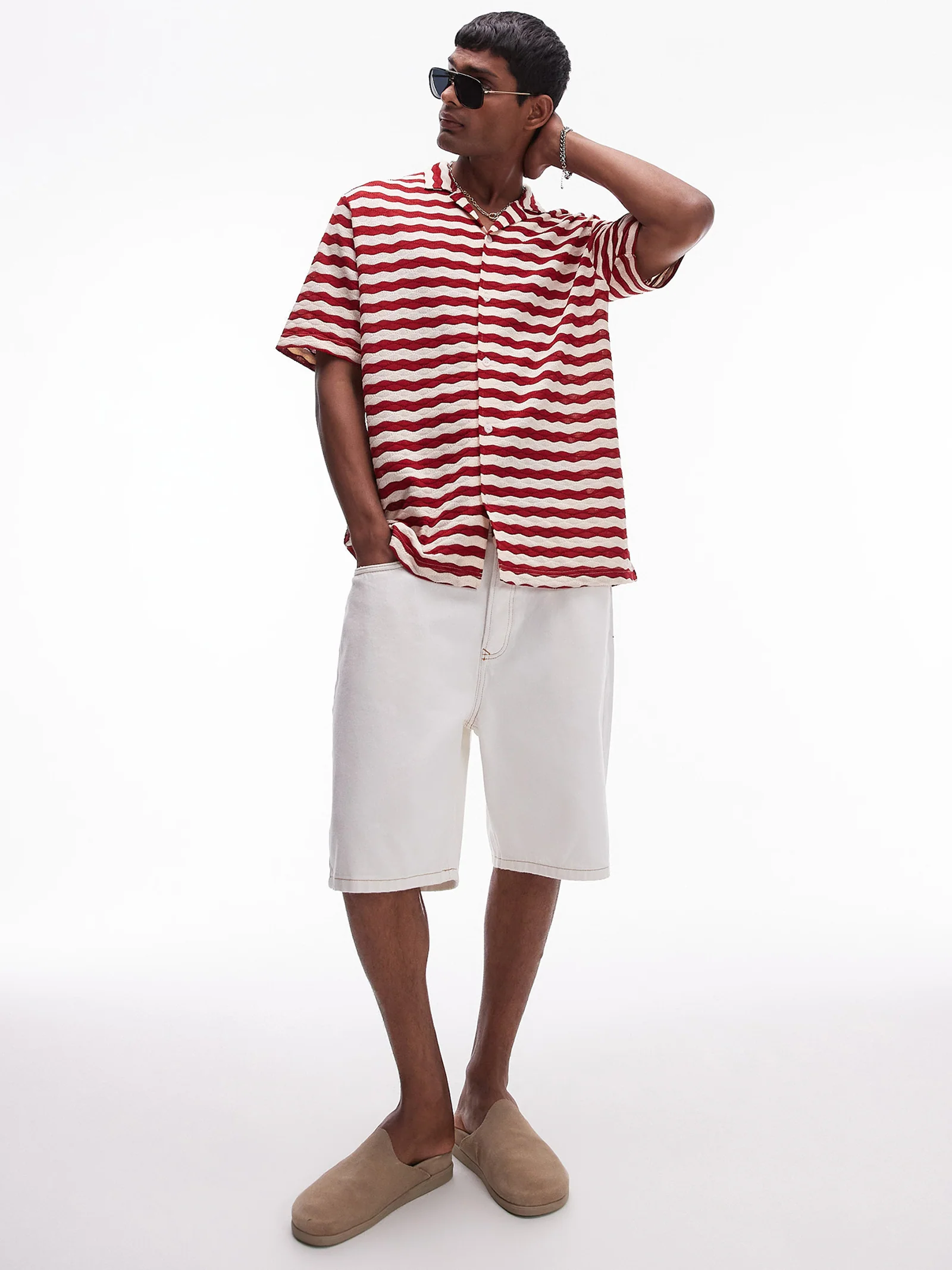 Short Sleeve Stripe Crochet Holiday Shirt - Image 3