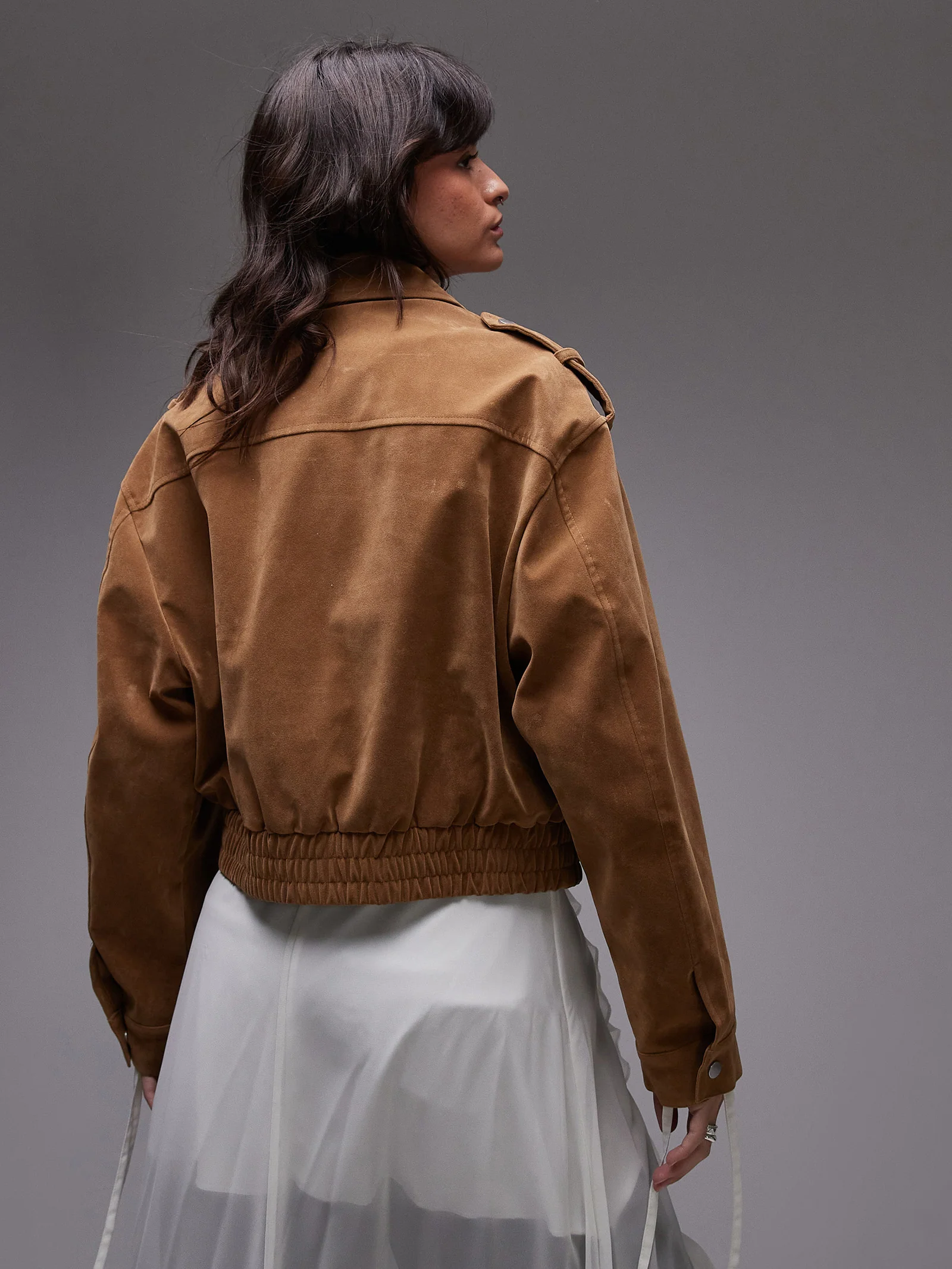 Cropped Suede Bomber Jacket - Image 2