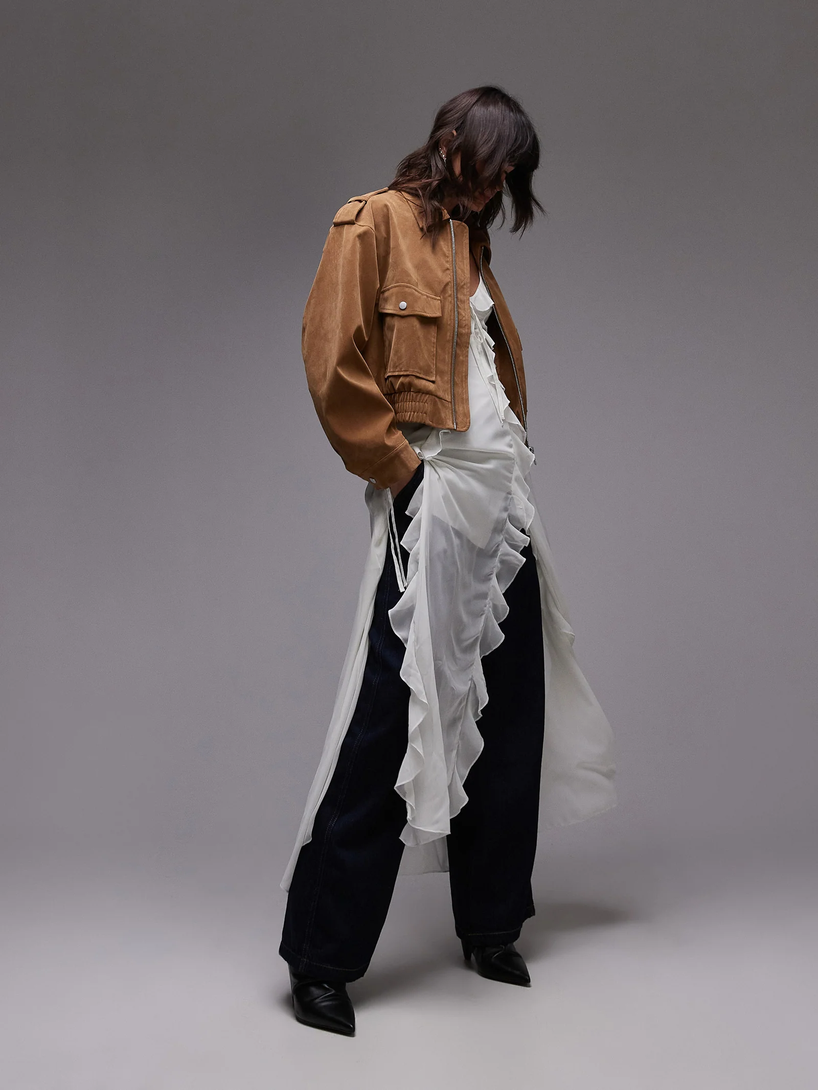 Cropped Suede Bomber Jacket - Image 3