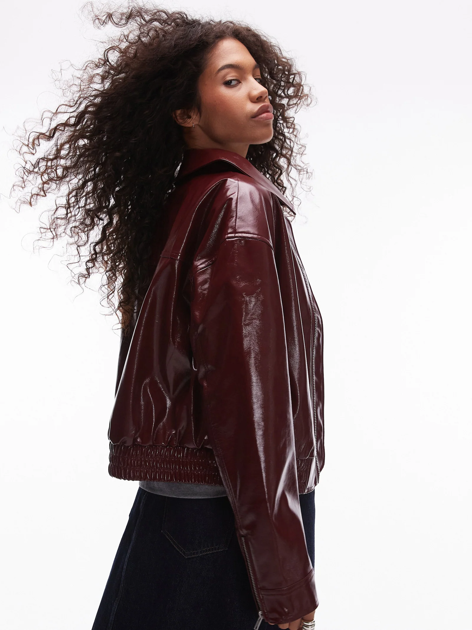 Faux Leather Vinyl Bomber Jacket - Image 2