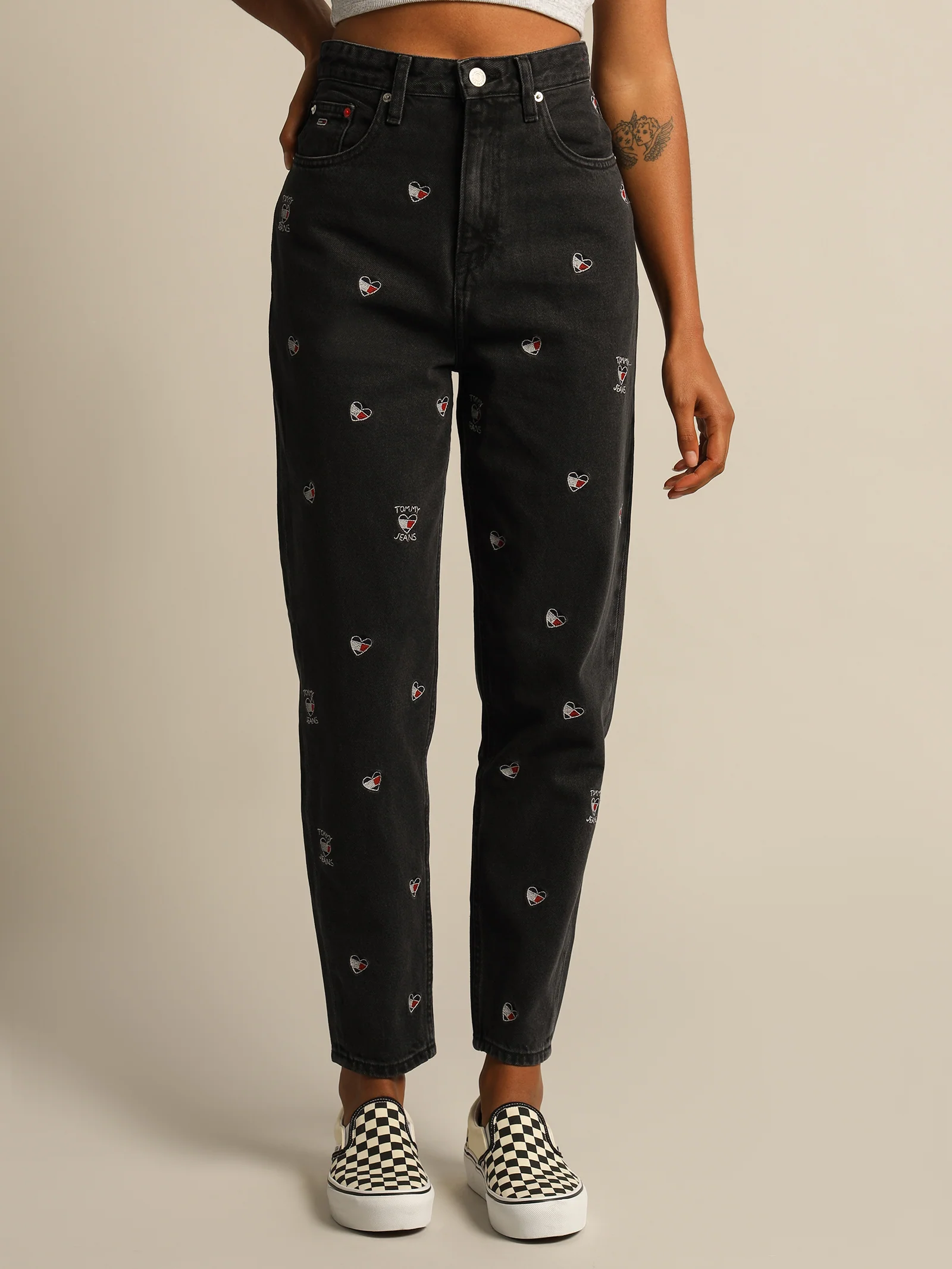 Ultra High-Rise Tapered Embroidered Heart Mom Jeans