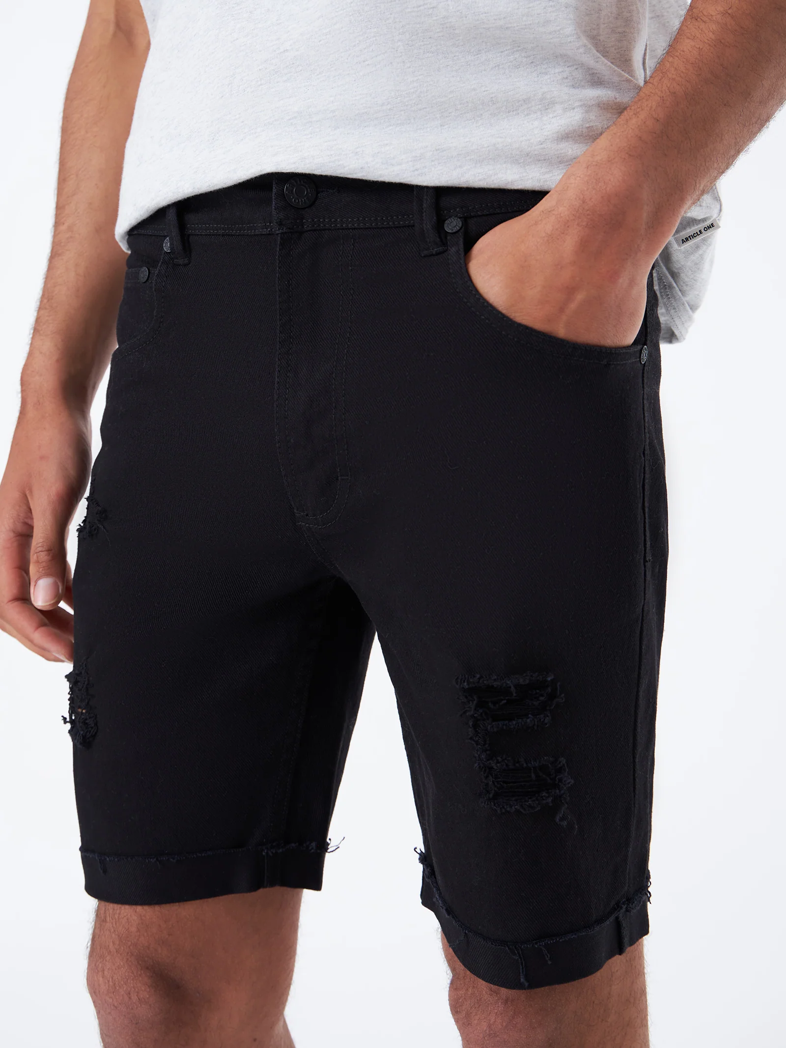 Zane Skinny Denim Short - True Black Rip - Image 3
